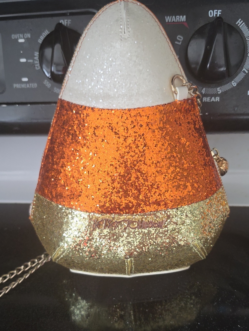 Betsey Johnson Orange, Gold & Cream Glitter Candy Corn Mini Crossbody